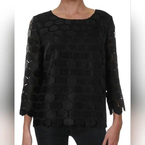 Anne Klein Black Hexagon Lace Long Sleeve Blouse Minimalist Business Casual Work - Picture 1 of 8